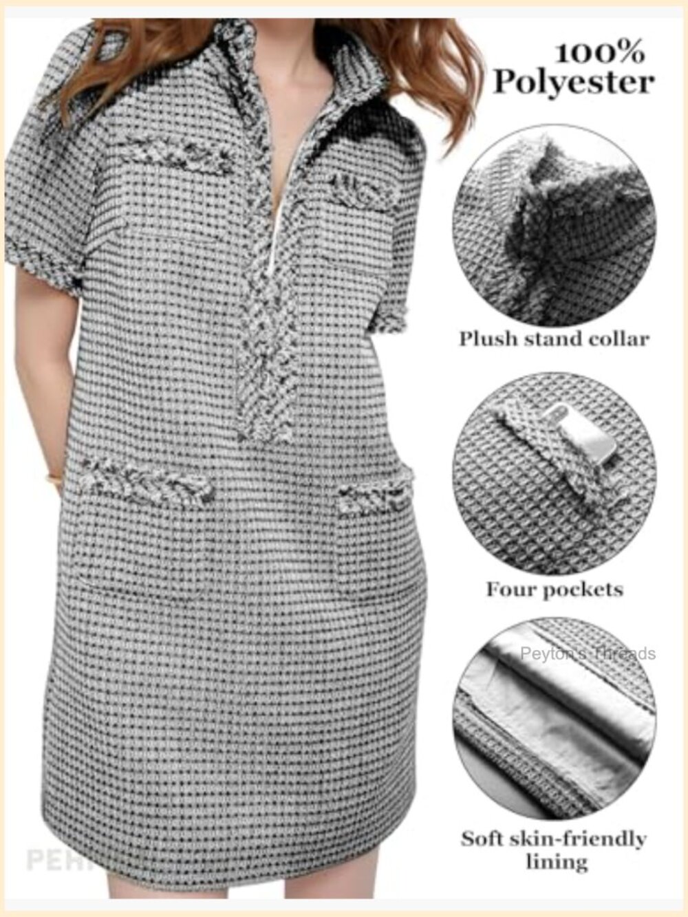 Tweed Shift Mini Dress Short Sleeve V-Neck Work Cocktail Party - Picture 5 of 7
